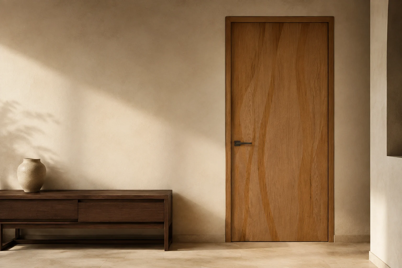 Illustrative room with a flush door inspired by Wavia 9164 WA Rust Brown Oak laminate